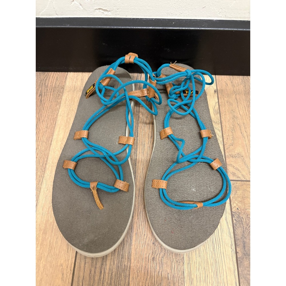 Teva Voya Infinity Sandals Womens 10 Blue Tan Strappy‎ Lace Up Gladiator Flat